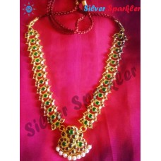 Traditional  Temple jewellery, Twin leaf  Malai with naagar Pendant and pearl hangings.
